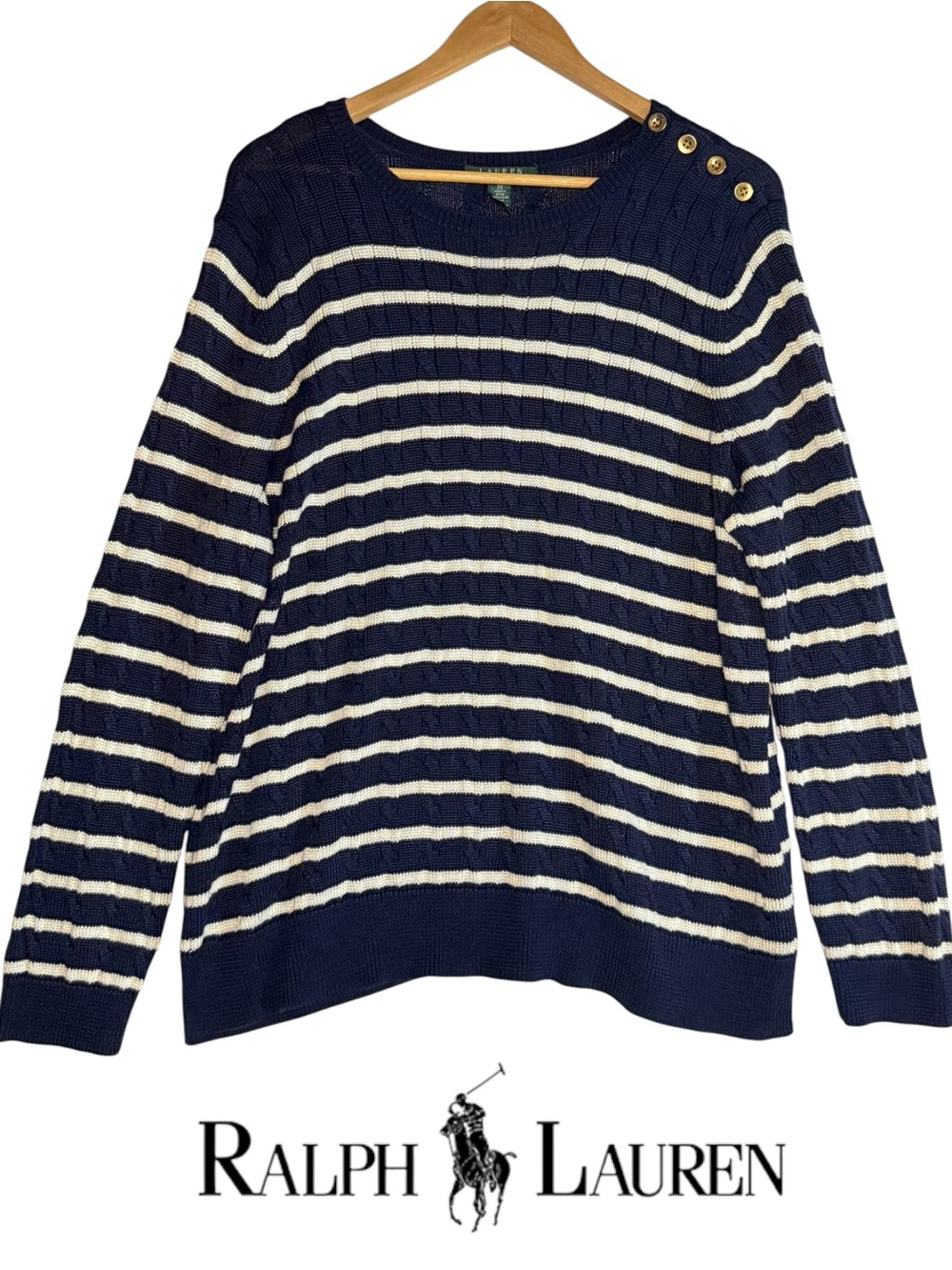 Ralph Lauren Navy and White Striped Button-Shoulder Sweater Cotton Blend 2X